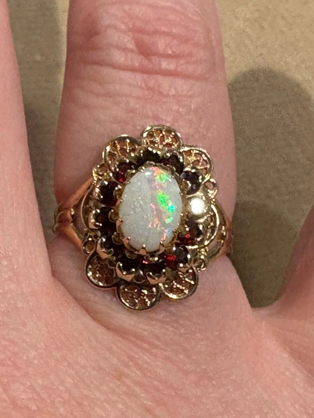 Vintage Filigree Opal and Garnet Ring in 10k Gold